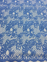 Blue Lace — featuring scalloped edges, a leaf design and a corded texture, in cotton, nylon and viscose, 145cm wide