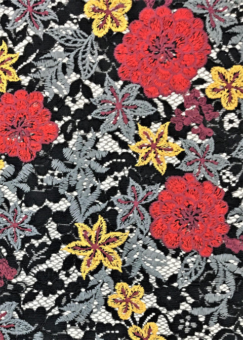 Remnant Embroidered Corded Lace (1620) Black