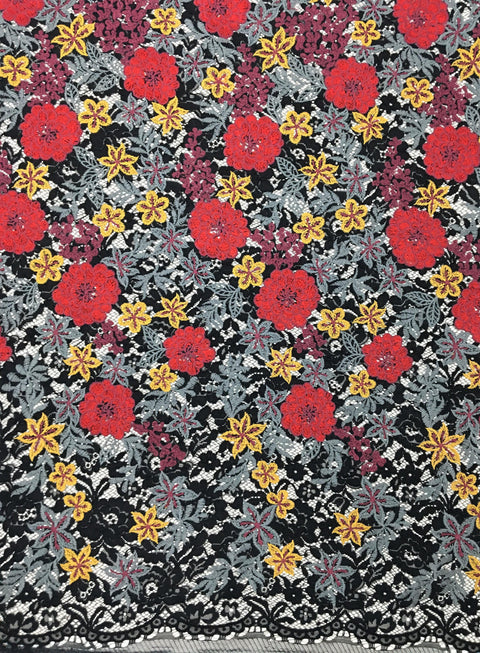 Remnant Embroidered Corded Lace (1620) Black