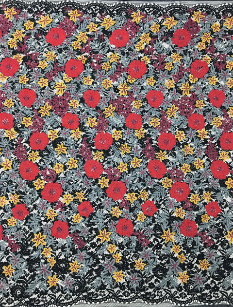 Remnant Embroidered Corded Lace (1620) Black