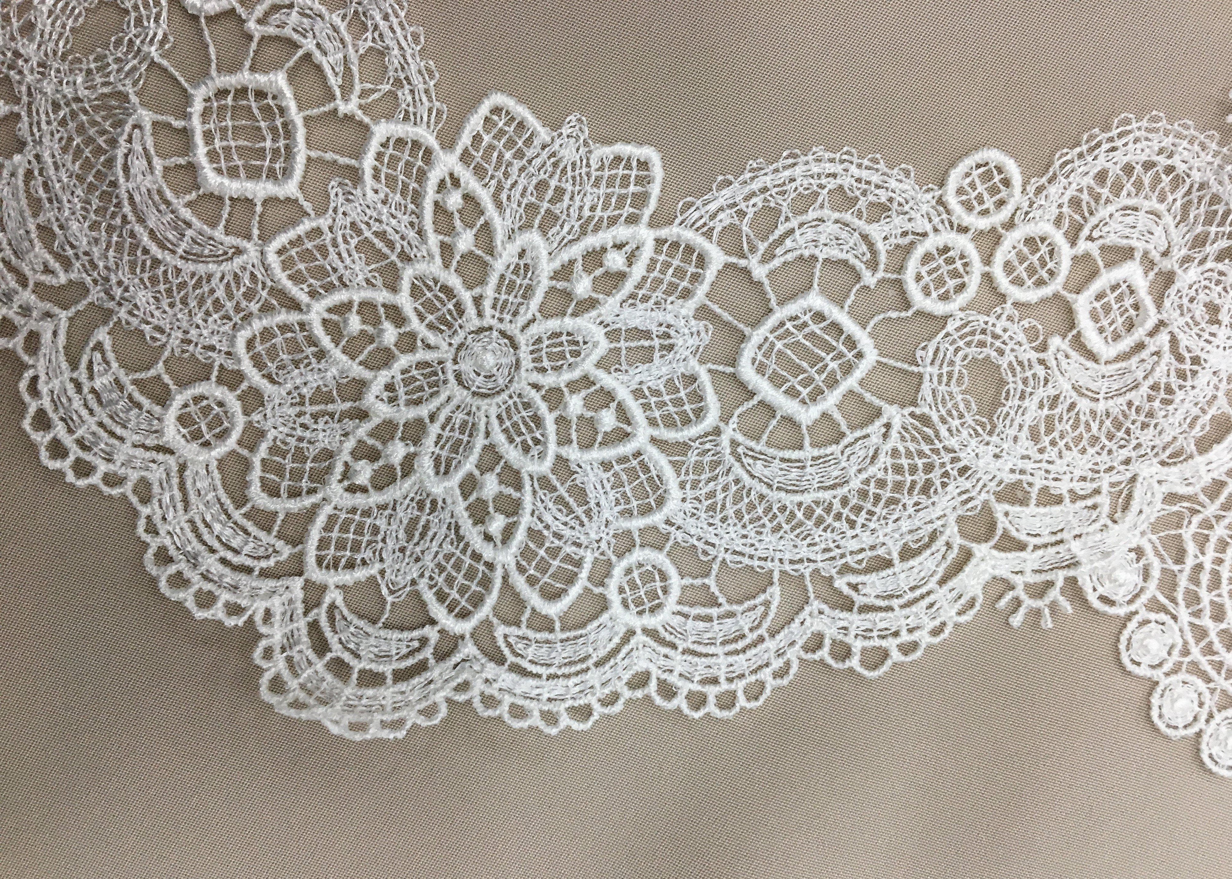 Ivory Fine Guipure Lace Trim — featuring a scalloped edge, floral medallions and Guipure motifs