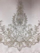 Silver Beaded Metallic Lace Trim — featuring floral motifs, clear sequins, silver beads and pearls