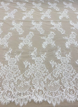 White Corded Floral Lace — featuring scalloped edges, eyelash detail and floral motifs, in nylon, 140cm wide