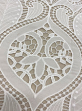 Ivory Embroidered Cutwork — featuring scalloped edges, eyelash detail and Guipure motifs, 100% polyester, 120cm wide