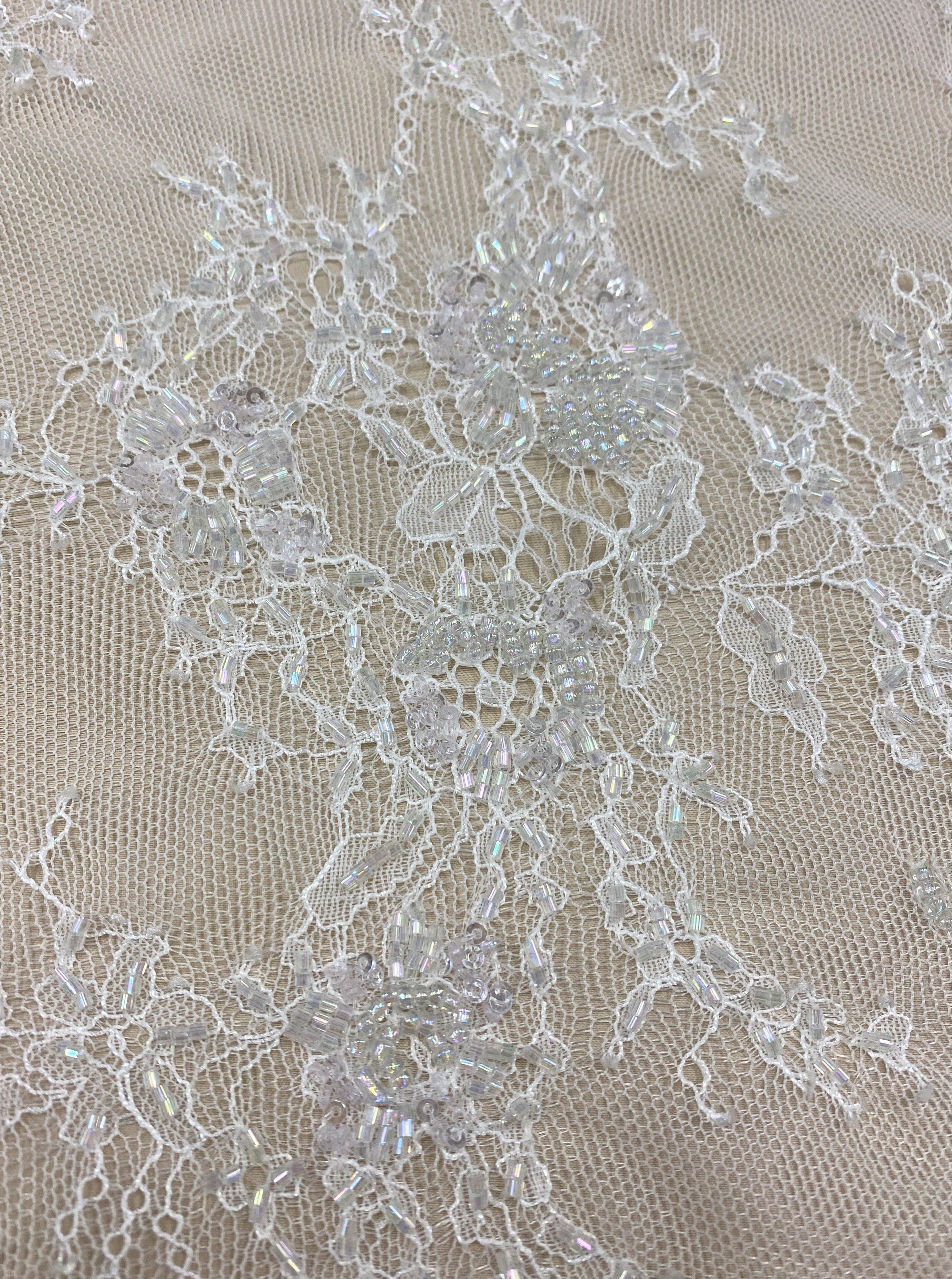 White Beaded Fine Lace — featuring scalloped edges, eyelash detail and floral motifs, in nylon, 150cm wide