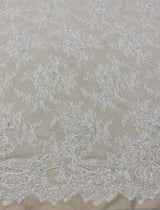 White Beaded Fine Lace — featuring scalloped edges, eyelash detail and floral motifs, in nylon, 150cm wide