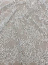 White Fine Floral Lace — featuring scalloped edges, eyelash detail and floral motifs, 130cm wide