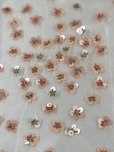 Ivory / Pink Floral Sequin Tulle — featuring hand-beading and sequins, 100% nylon, 110cm wide