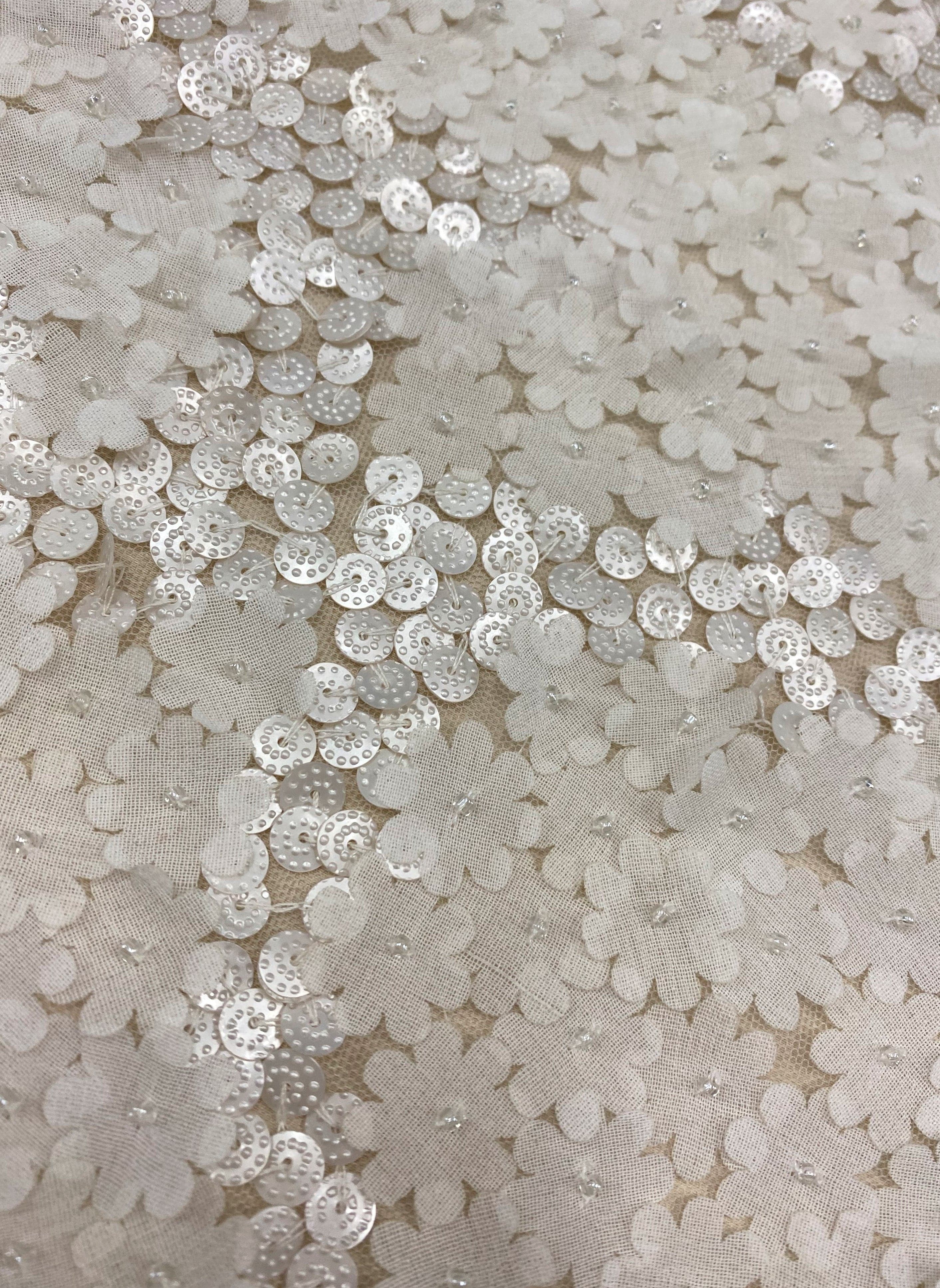 Ivory Sequined Floral Tulle — featuring floral motifs, a 3D floral design and hand-beading, 100% polyamide, 110cm wide