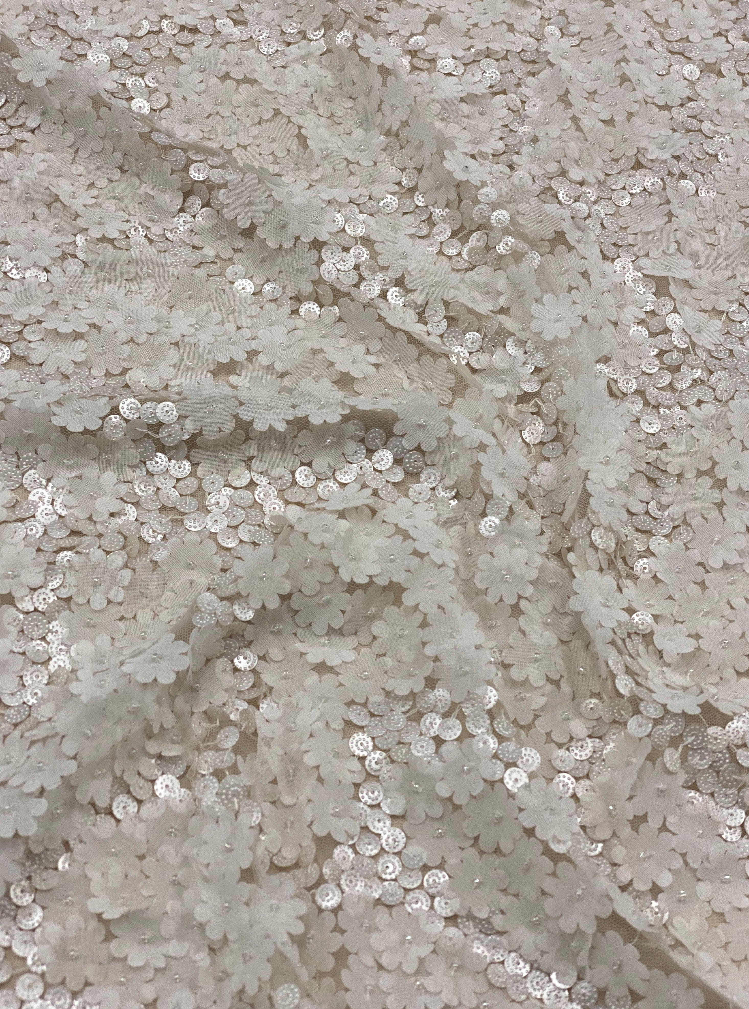 Ivory Sequined Floral Tulle — featuring floral motifs, a 3D floral design and hand-beading, 100% polyamide, 110cm wide