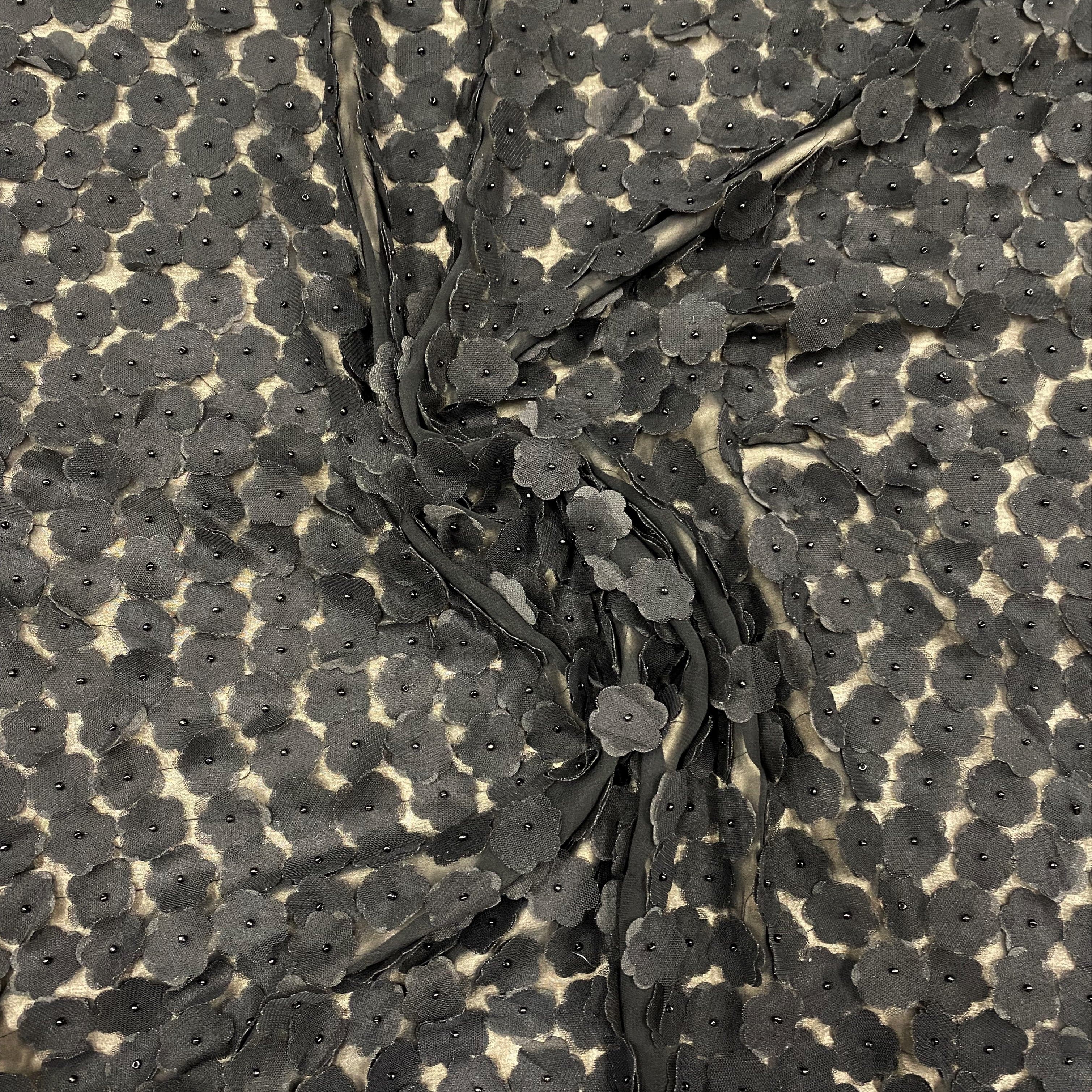 Black Floral Embellished Tulle — featuring floral motifs, a 3D floral design and hand-beading, 100% polyamide, 110cm wide
