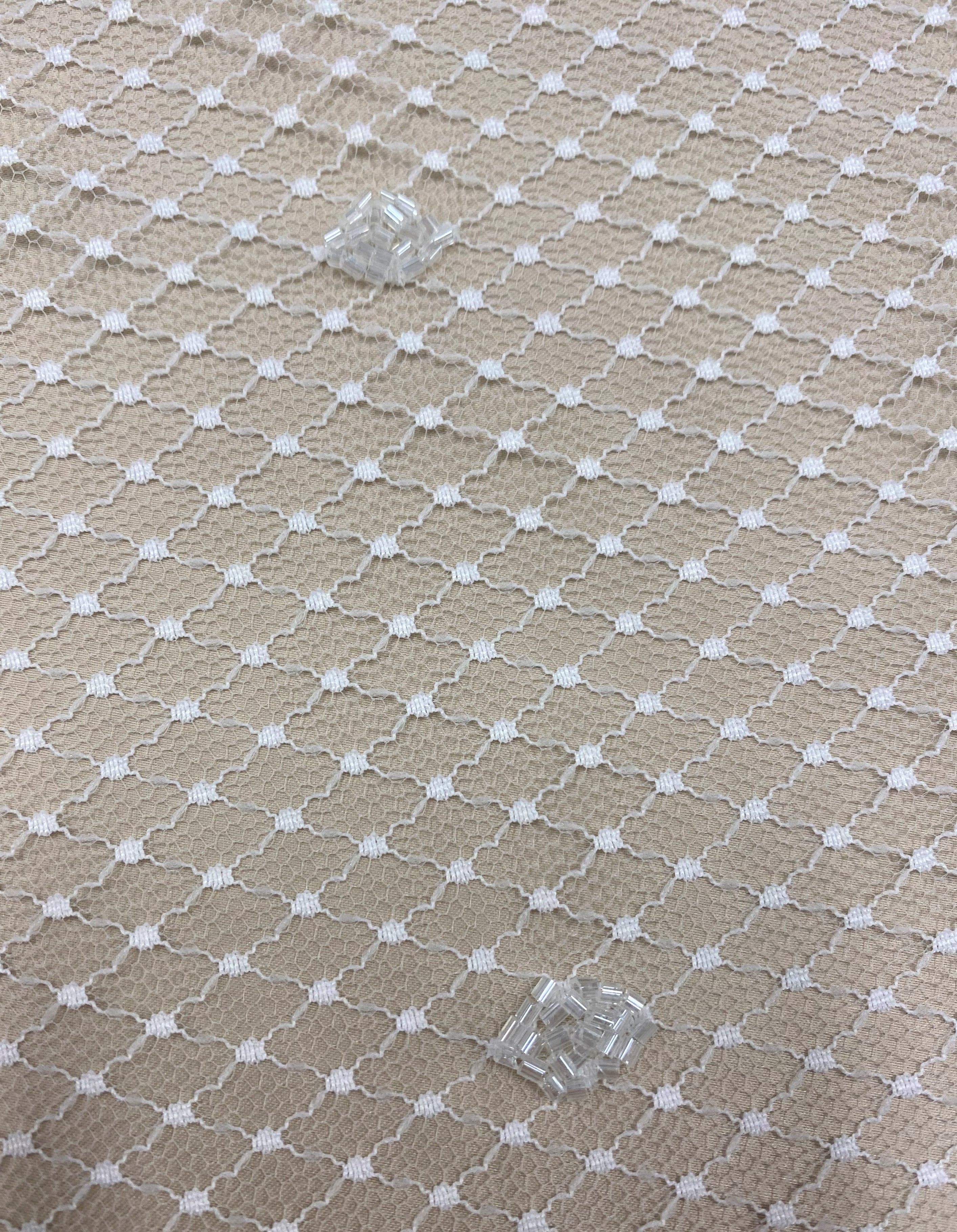 Ivory Beaded Crosshatched Tulle — featuring hand-beading, 100% polyamide, 140cm wide