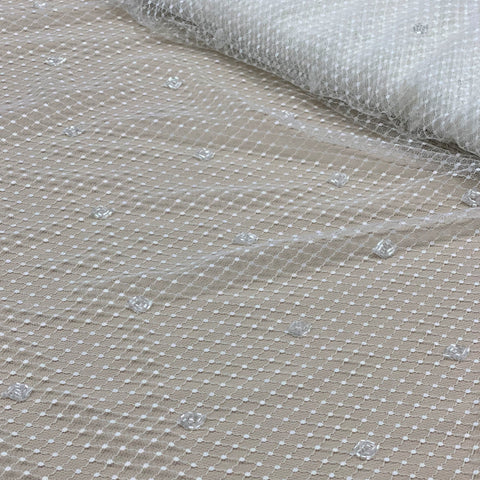 Beaded crosshatched tulle (K25792) Ivory