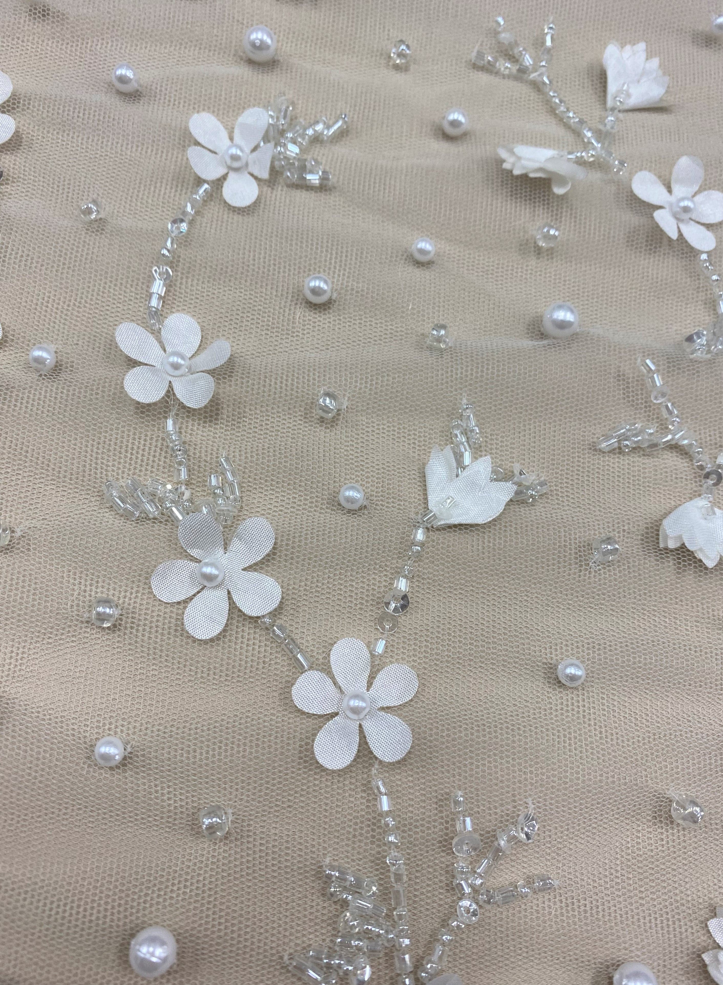 Ivory 3D Floral Embellished Tulle — featuring floral motifs and hand-beading, 100% polyamide, 140cm wide