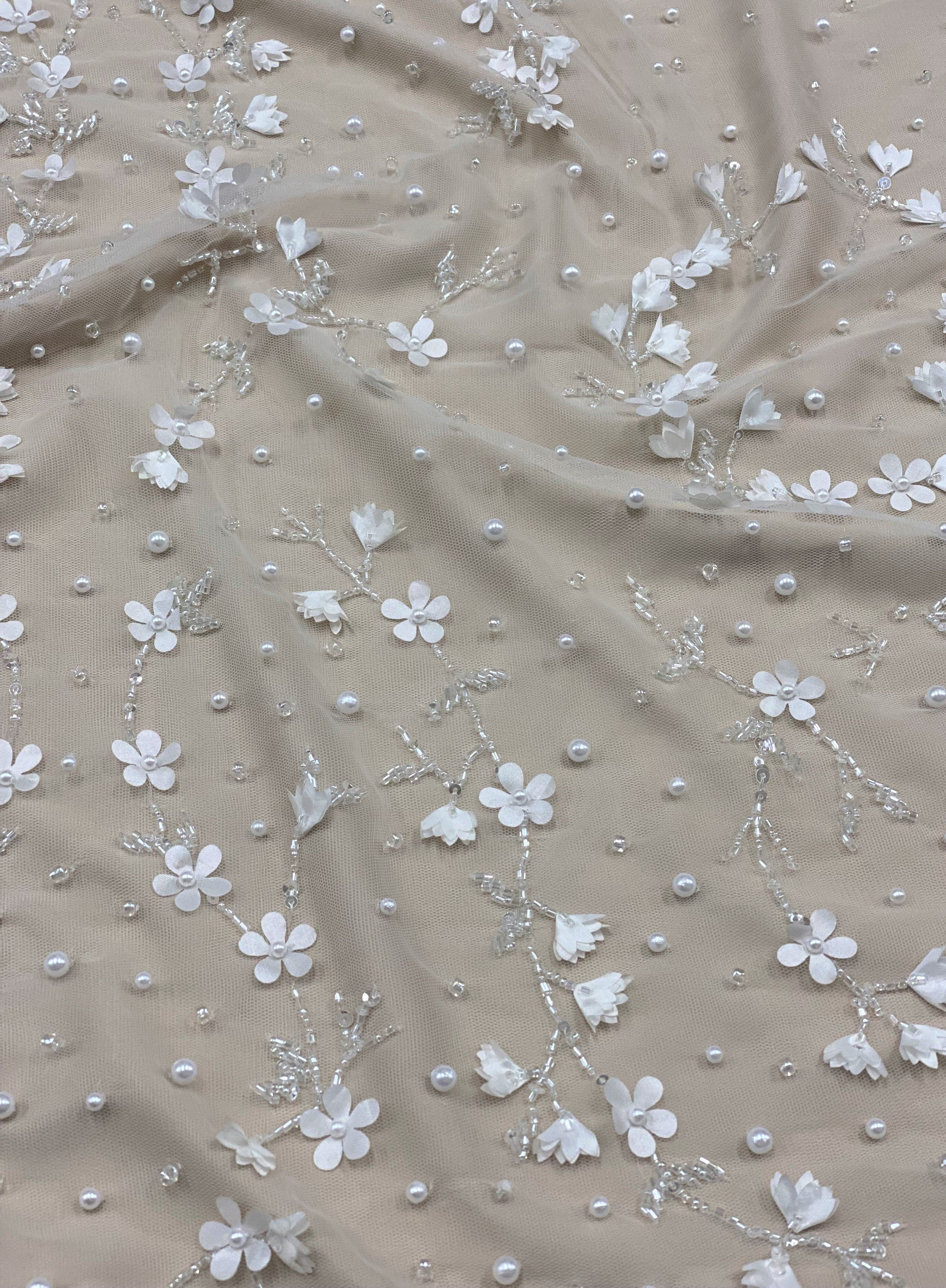 Ivory 3D Floral Embellished Tulle — featuring floral motifs and hand-beading, 100% polyamide, 140cm wide