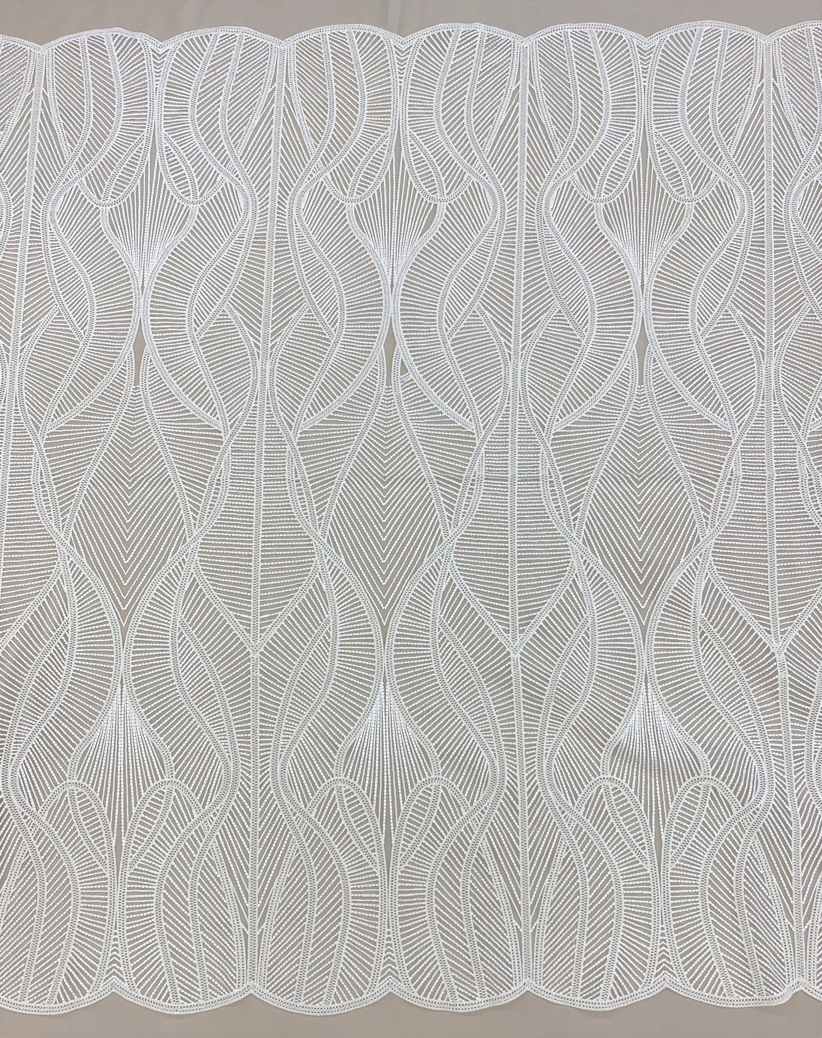 Ivory Embroidered Tulle — featuring scalloped edges and a corded texture, 50% nylon 50% rayon, 130cm wide