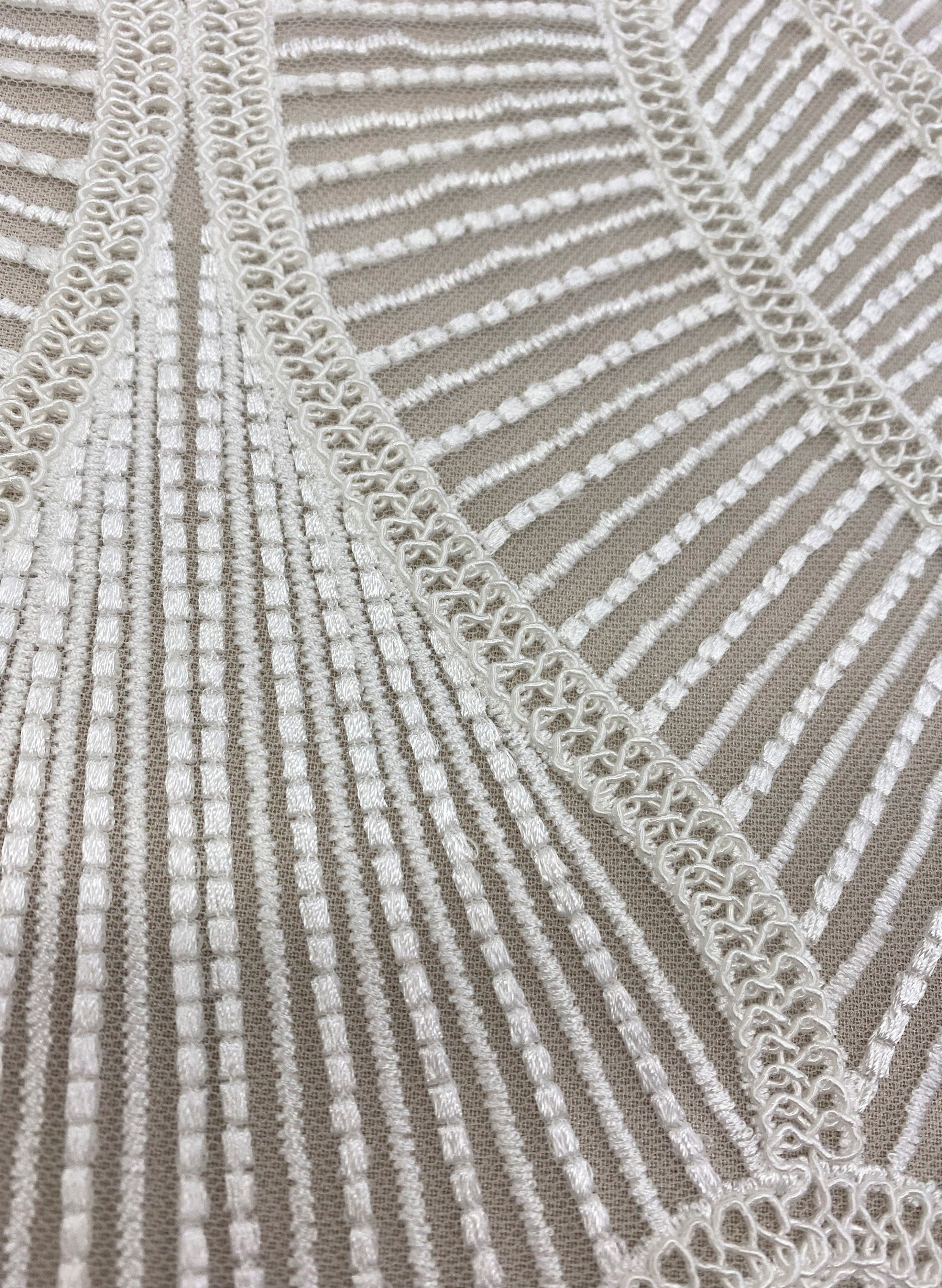 Ivory Embroidered Tulle — featuring scalloped edges and a corded texture, 50% nylon 50% rayon, 130cm wide