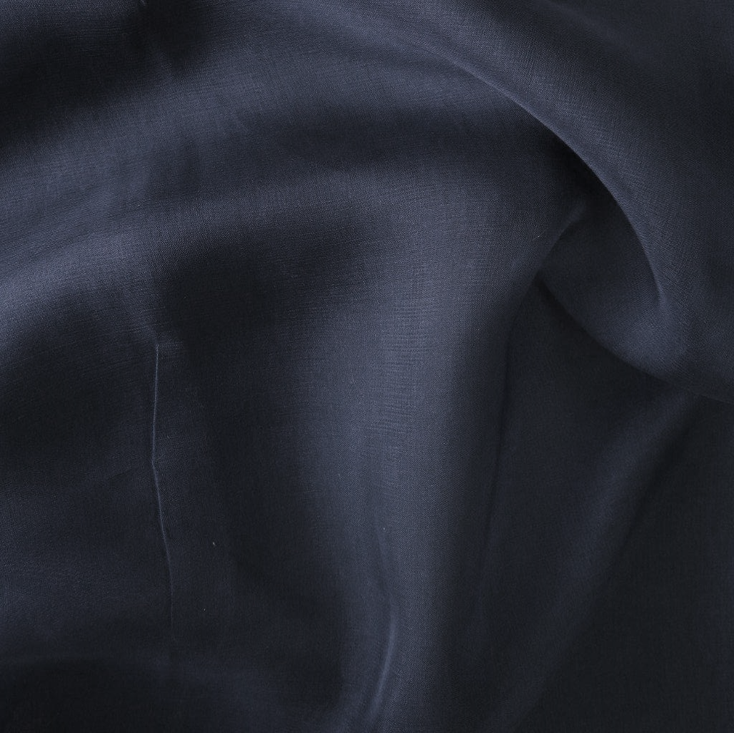 Navy Satin Chiffon — lightweight and sheer with a fluid, airy drape and a smooth satin luster finish, 100% mulberry silk, 140cm wide
