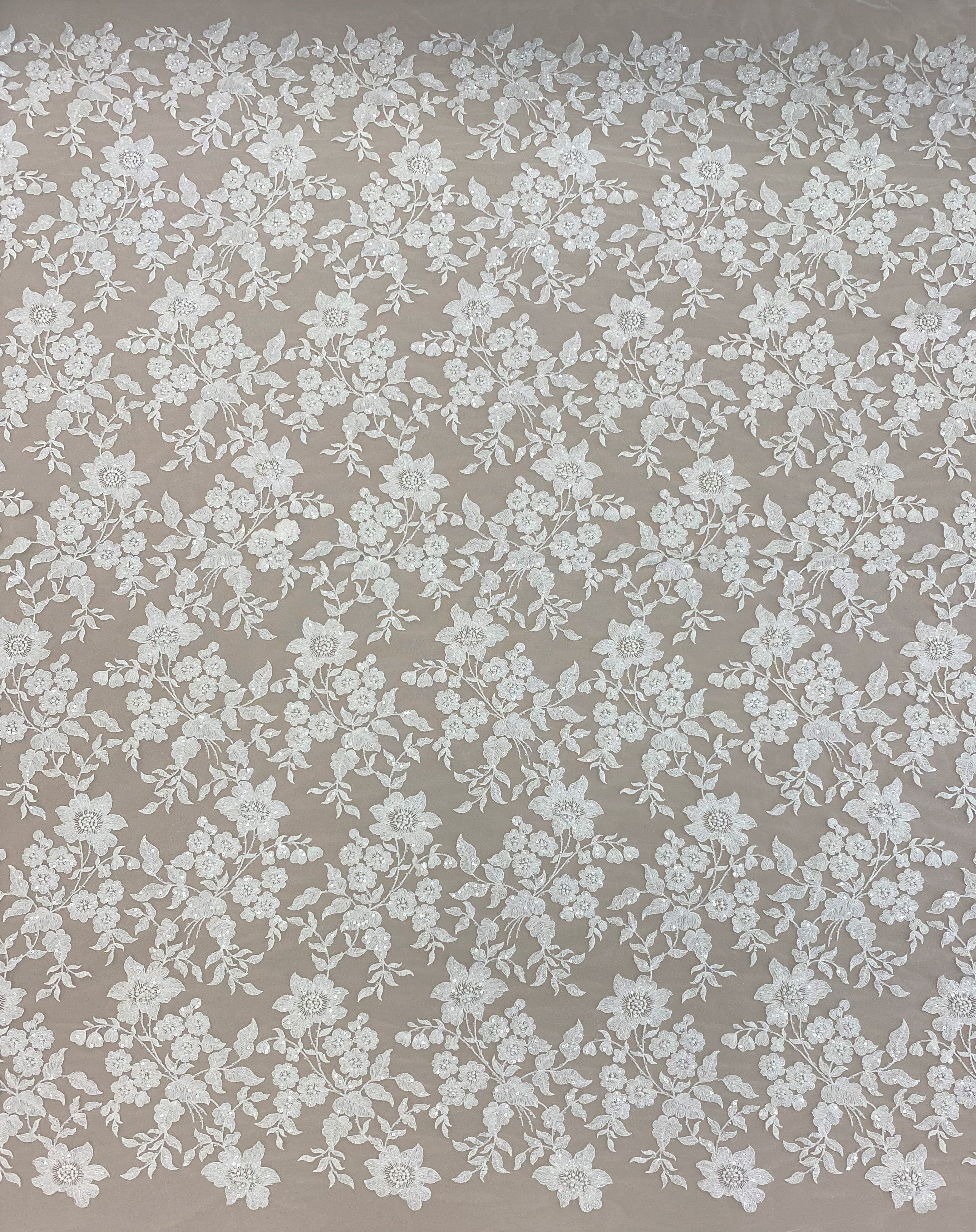 Ivory Embellished Floral Tulle — featuring floral motifs and hand-beading, 60% rayon 40% nylon, 140cm wide