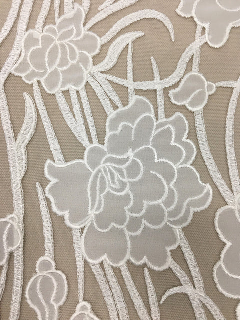 Remnant Floral embroidered tulle (W3126) Ivory