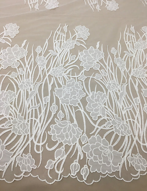 Remnant Floral embroidered tulle (W3126) Ivory