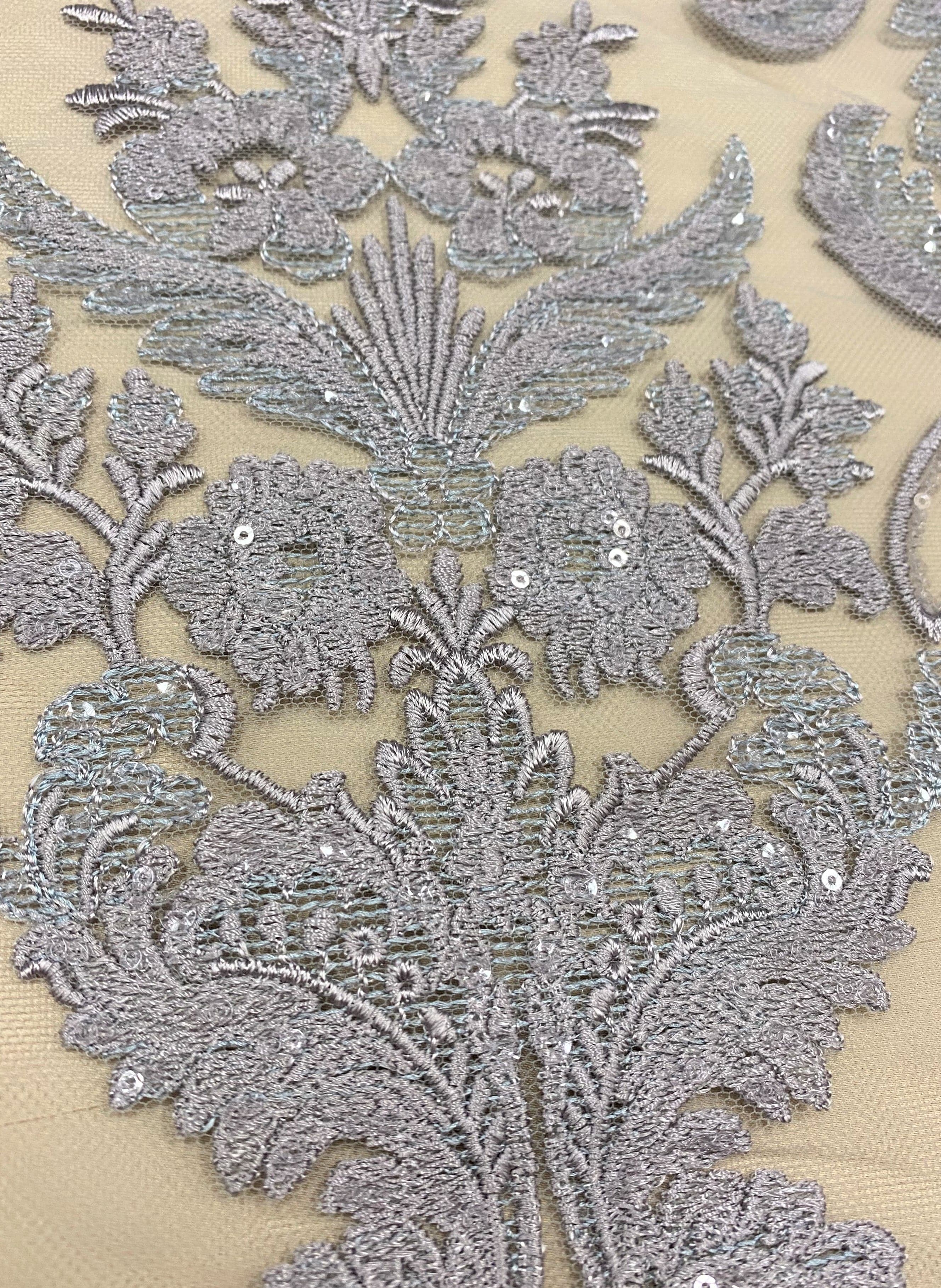 Gunmetal Embroidered Floral Tulle — featuring sequins, 50% nylon 30% polyester 20% rayon, 130cm wide