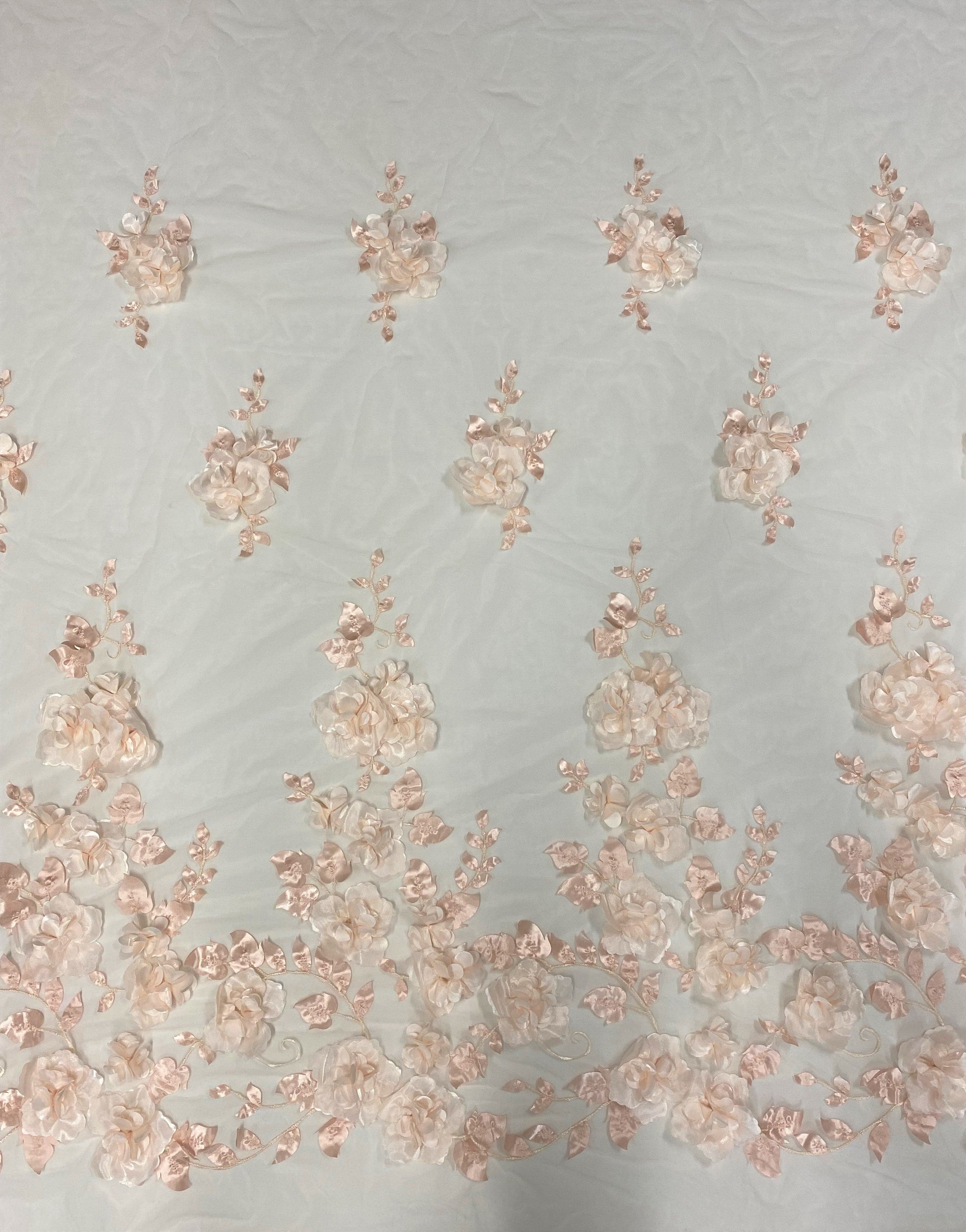 Blush 3D Floral Tulle — featuring floral motifs, a 3D floral design and a border design, 40% polyester 30% nylon 30% rayon, 130cm wide