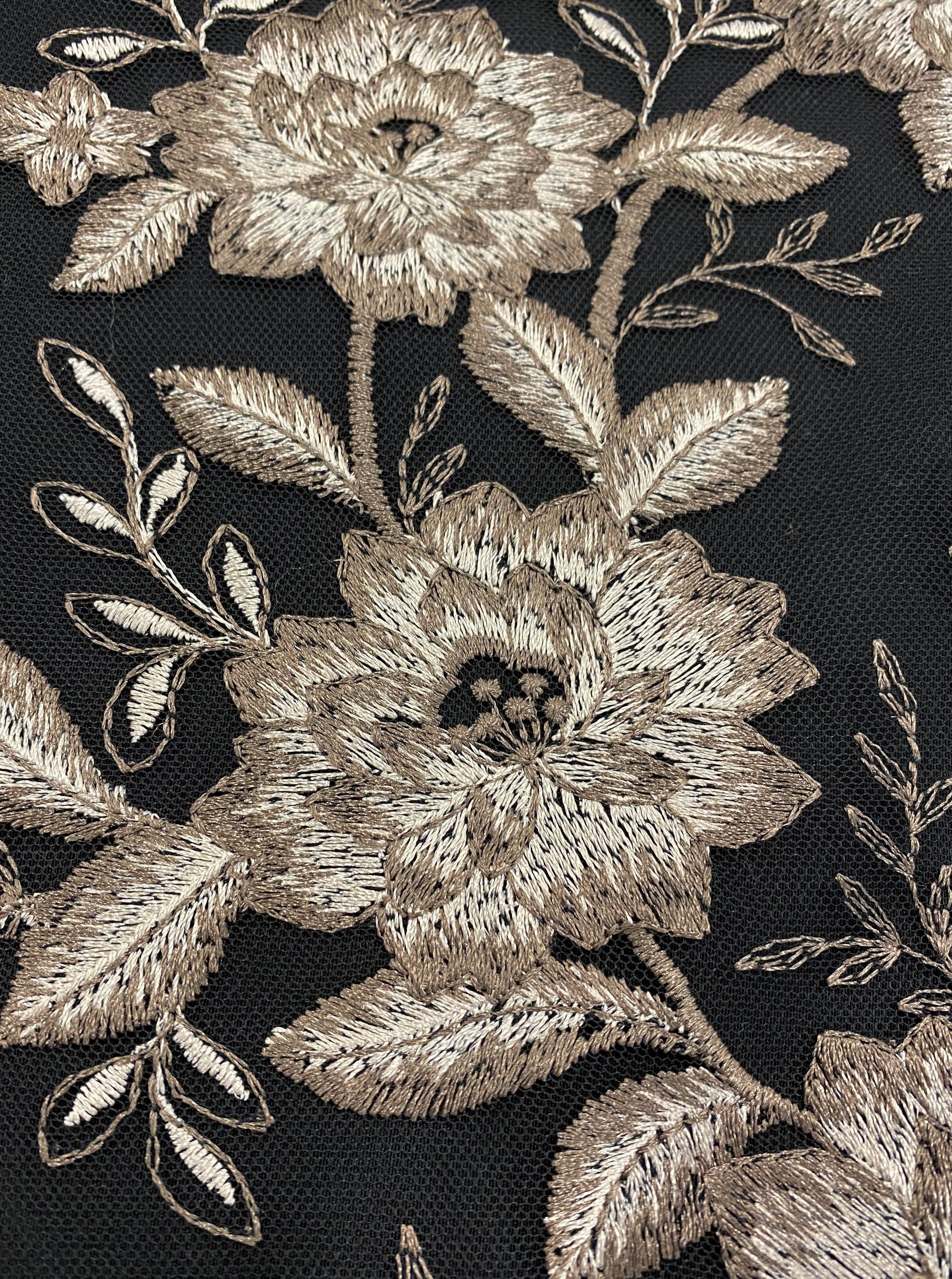Black Embroidered Tulle — featuring floral motifs, 100% polyamide, 125cm wide