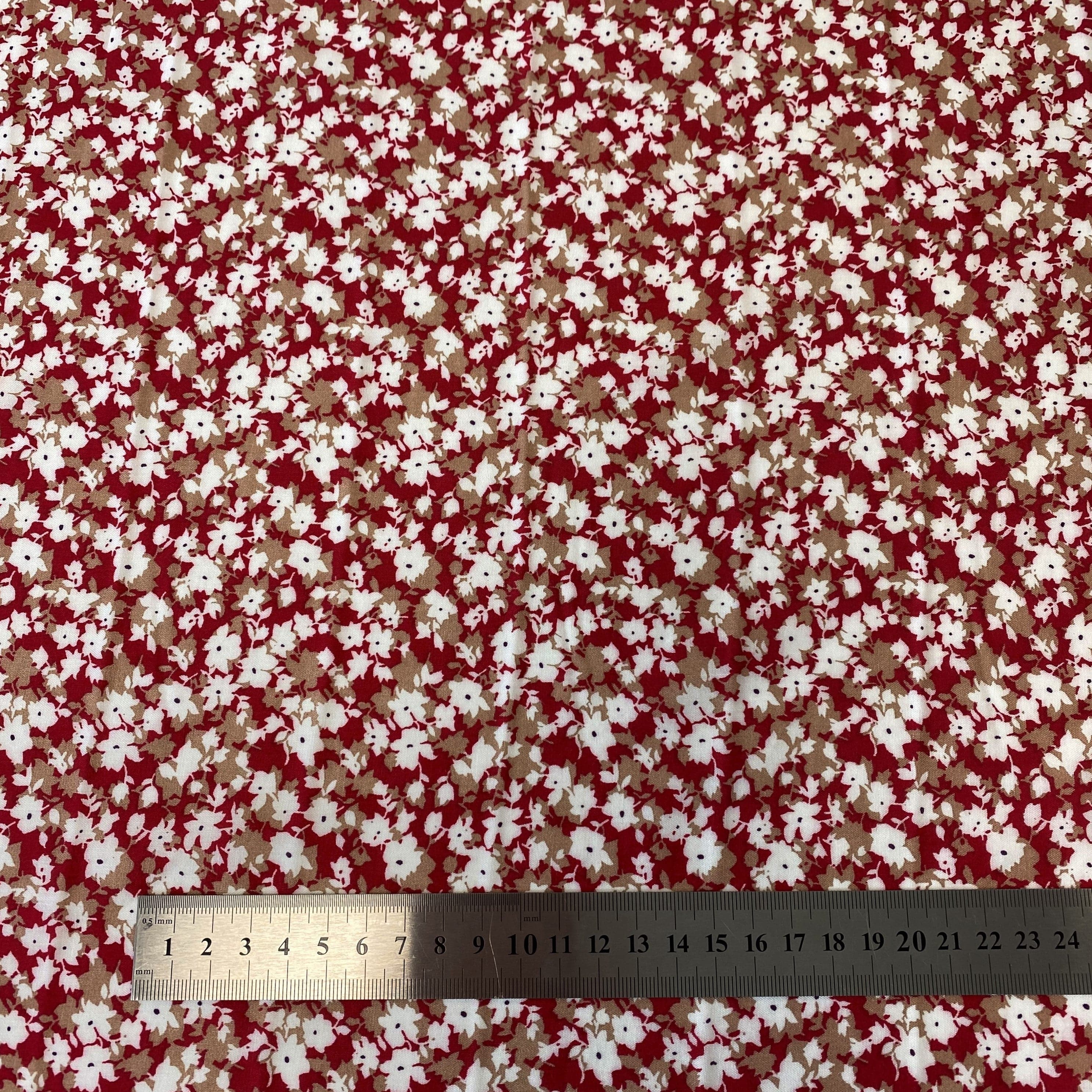 Red Printed Viscose Floral — a lightweight viscose with a printed floral design, in viscose