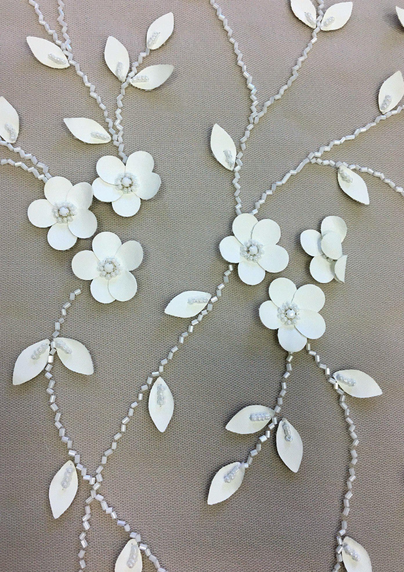 Ivory Leather Floral Embellished Tulle — featuring floral motifs and hand-beading, 100% nylon, 140cm wide