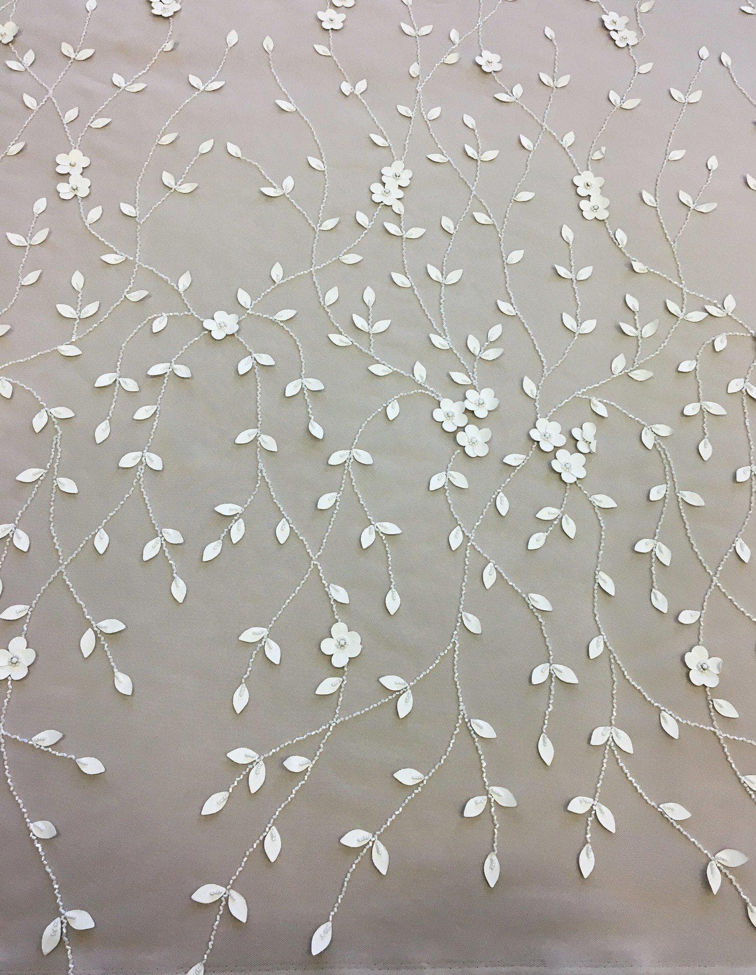 Ivory Leather Floral Embellished Tulle — featuring floral motifs and hand-beading, 100% nylon, 140cm wide