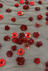 Red / Black Floral Sequin Tulle — featuring hand-beading and sequins, 100% nylon, 105cm wide