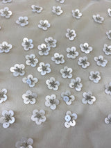 Ivory / Pink Floral Sequin Tulle — featuring hand-beading and sequins, 100% nylon, 110cm wide