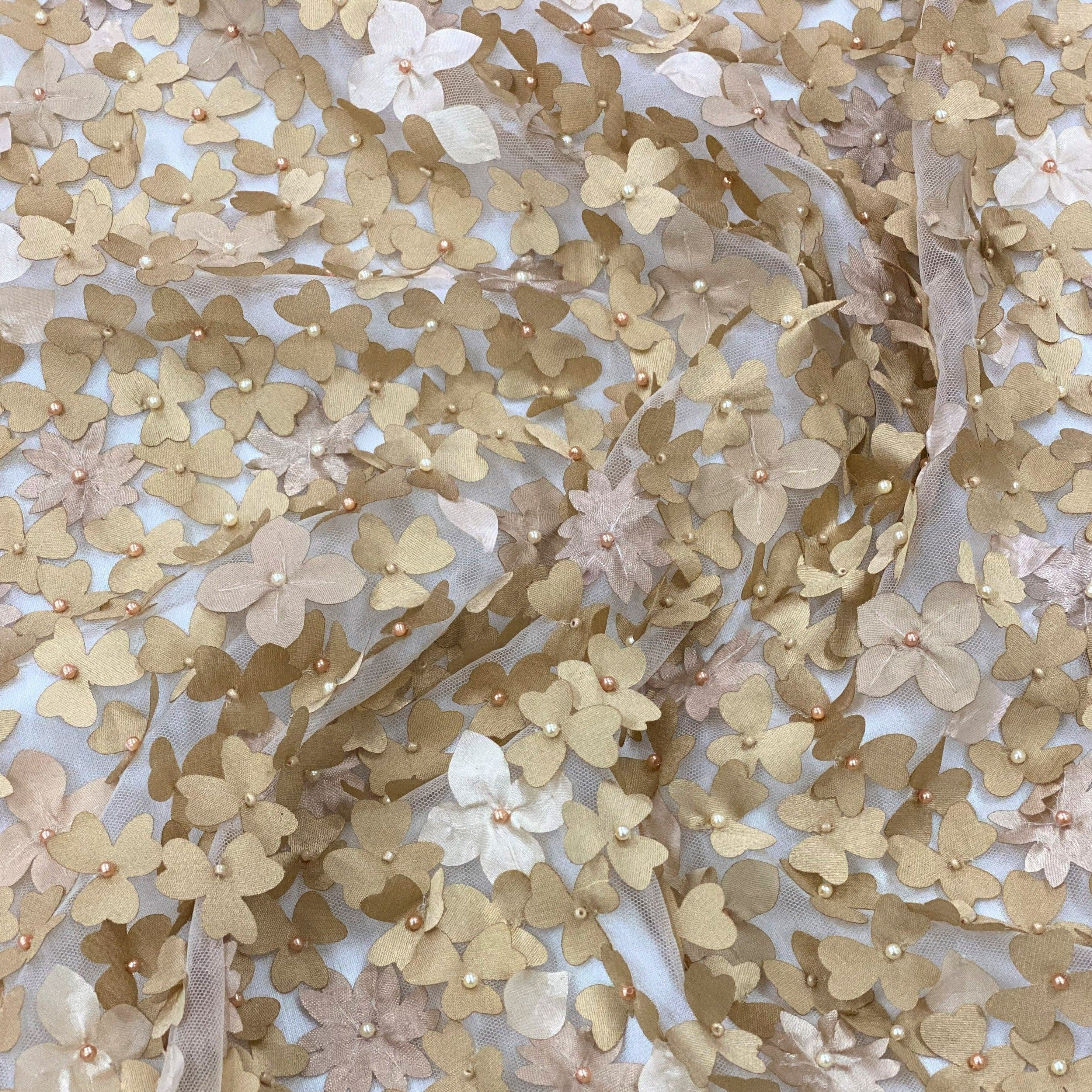 Sand Floral Embellished Tulle — featuring floral motifs, a 3D floral design and hand-beading, 100% polyamide, 110cm wide