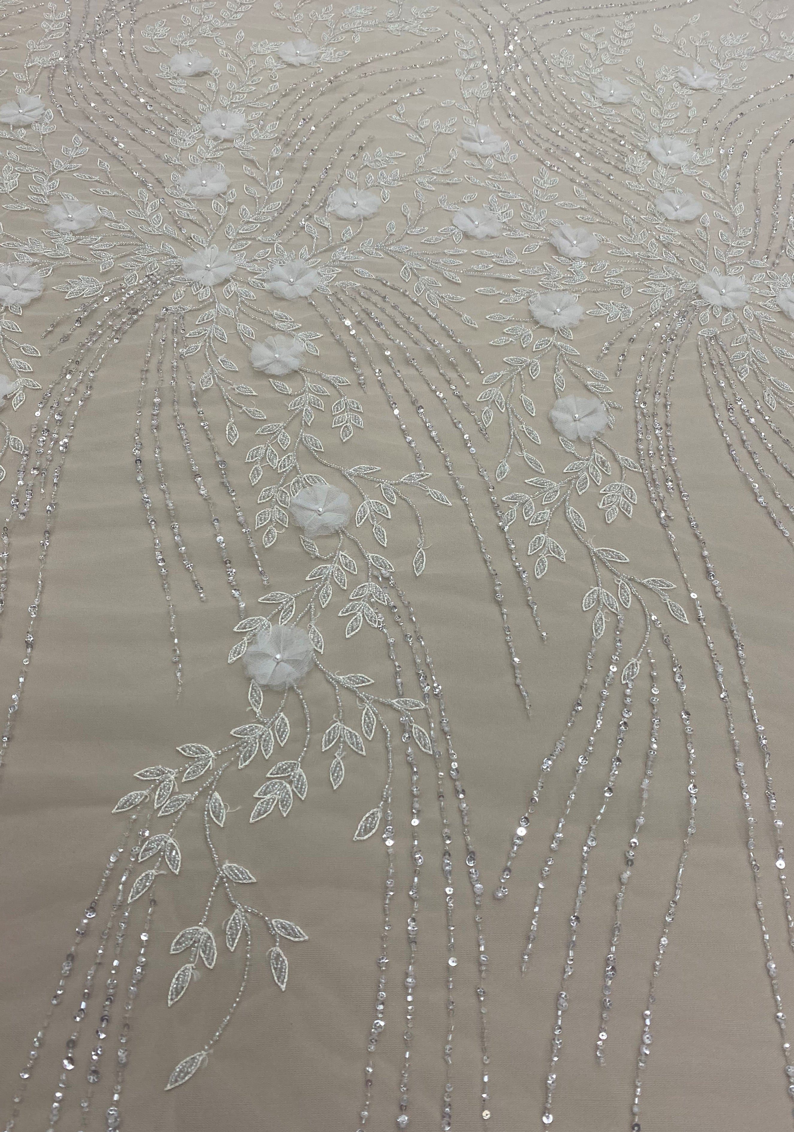Ivory Embellished Tulle — featuring floral motifs, hand-beading and sequins, in nylon, 105cm wide