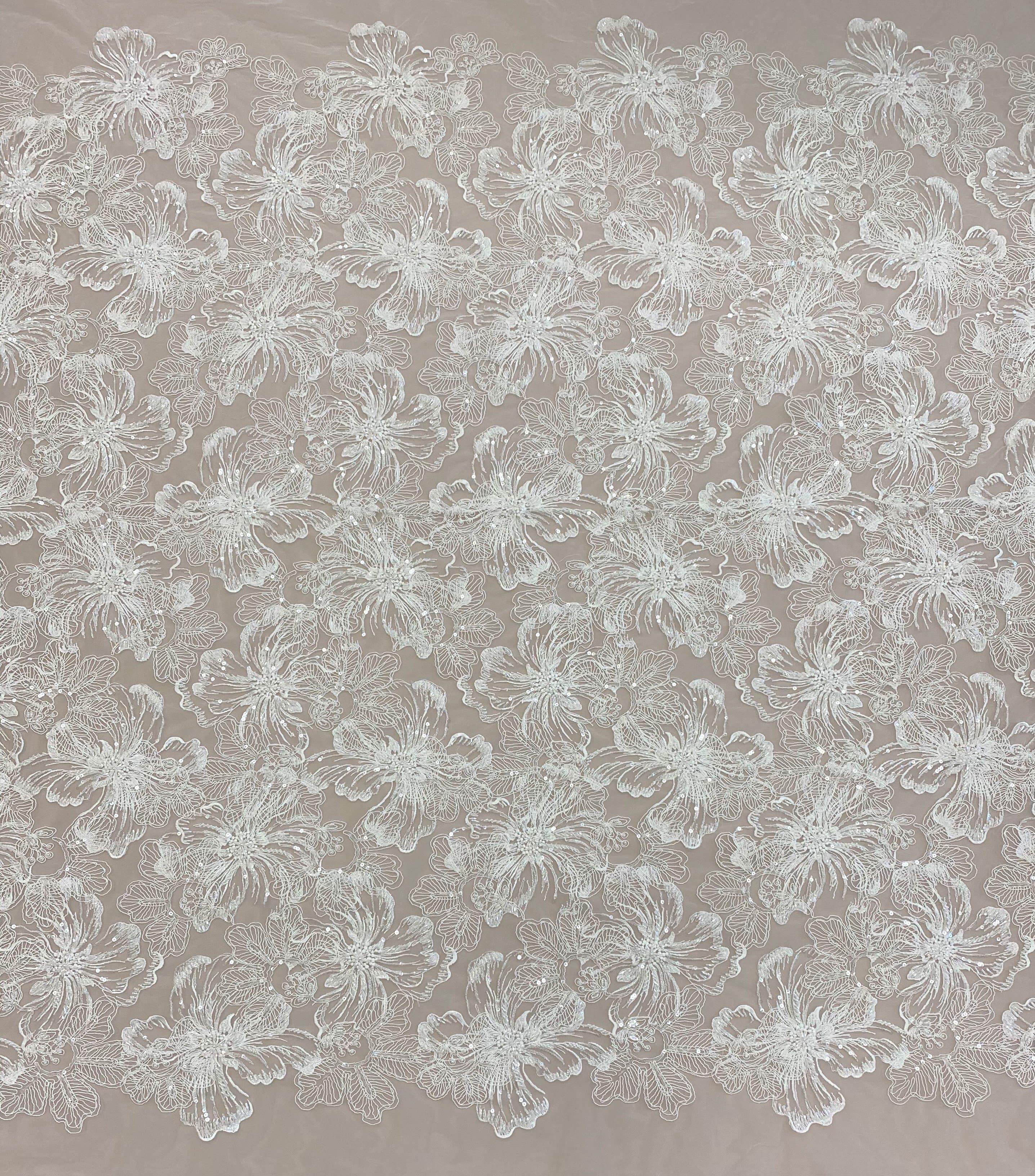 Ivory Embroidered Corded Tulle — featuring floral motifs, a corded texture and hand-beading, 50% nylon 50% rayon, 130cm wide