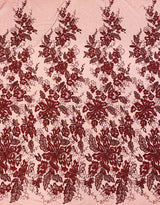 Wine Embellished Tulle — featuring floral motifs, a border design and sequins, 30% nylon 60% rayon 10% polyester, 130cm wide