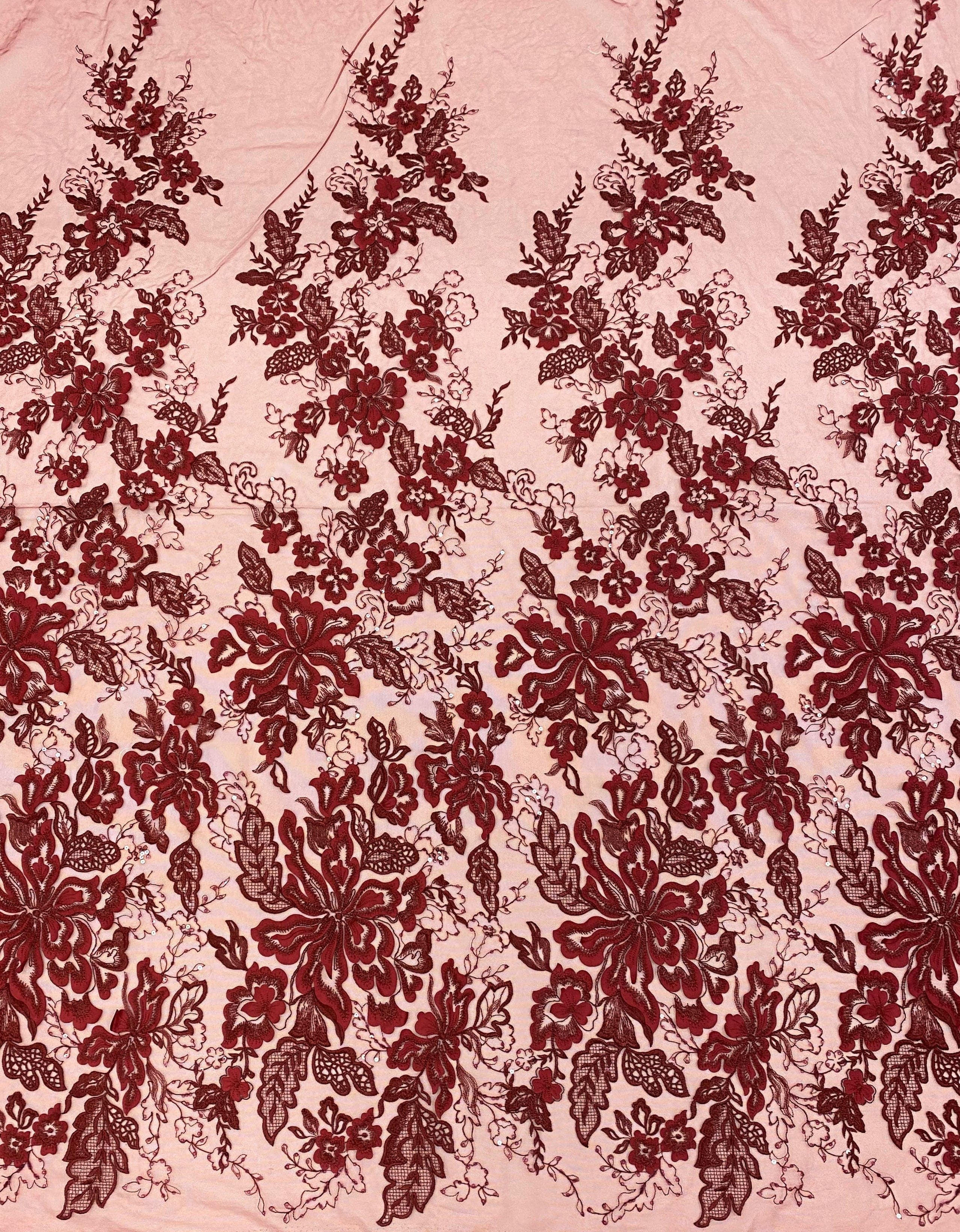Wine Embellished Tulle — featuring floral motifs, a border design and sequins, 30% nylon 60% rayon 10% polyester, 130cm wide