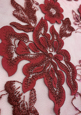 Wine Embellished Tulle — featuring floral motifs, a border design and sequins, 30% nylon 60% rayon 10% polyester, 130cm wide