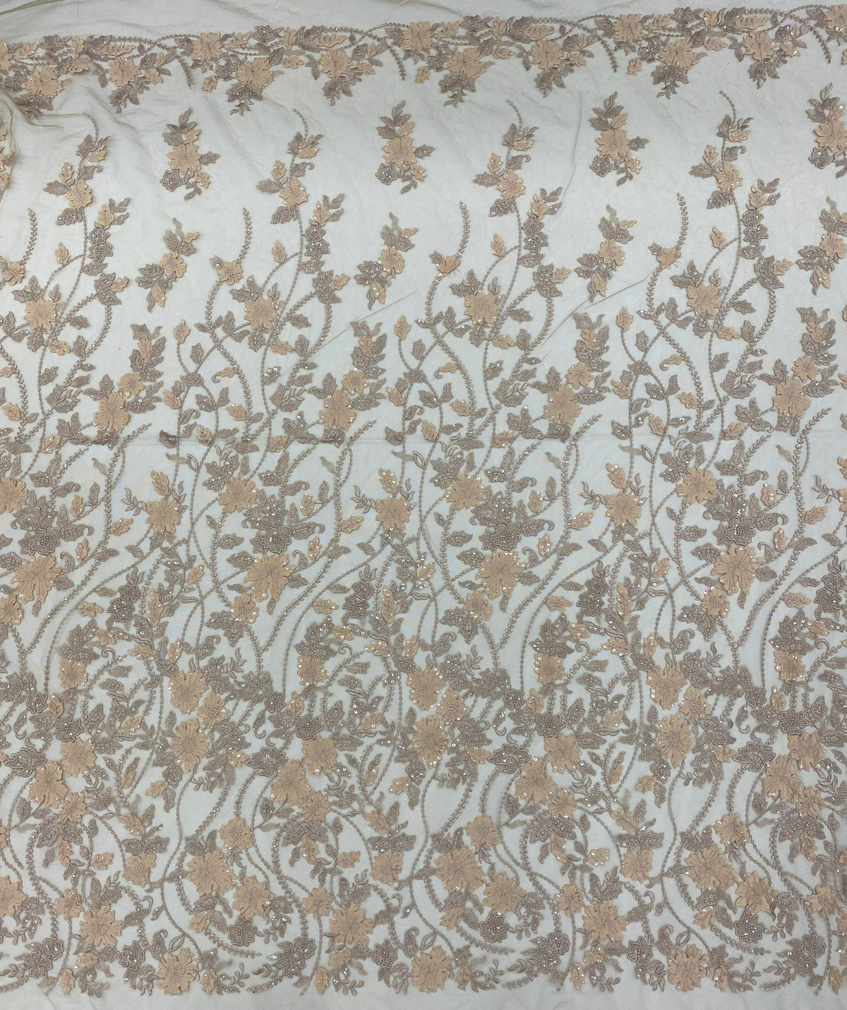 3D Acanthus Leaf Embroidered Tulle (LV12378) - Sand