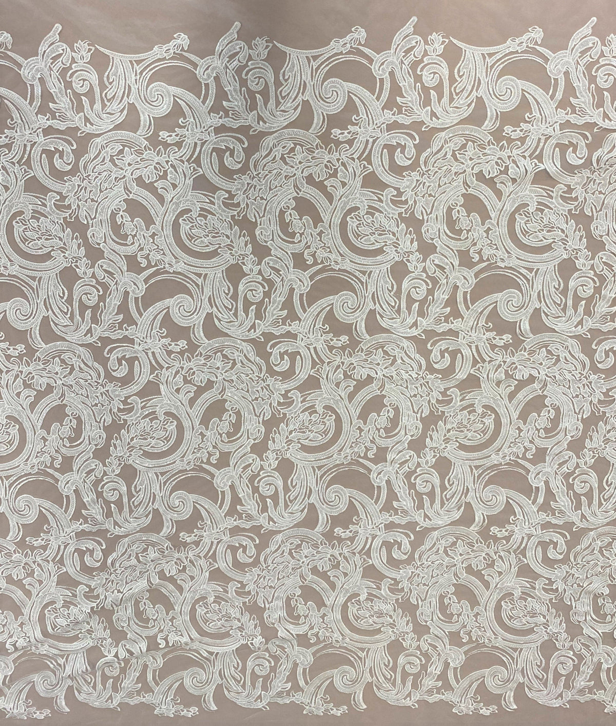 Curved Floral Motif Embroidered Tulle (LV12630) - Ivory