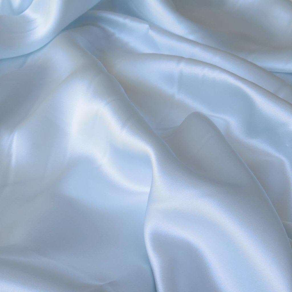 Pale Blue Sandwash Satin — lightweight and soft with a smooth luster satin finish, 100% mulberry silk, 140cm wide