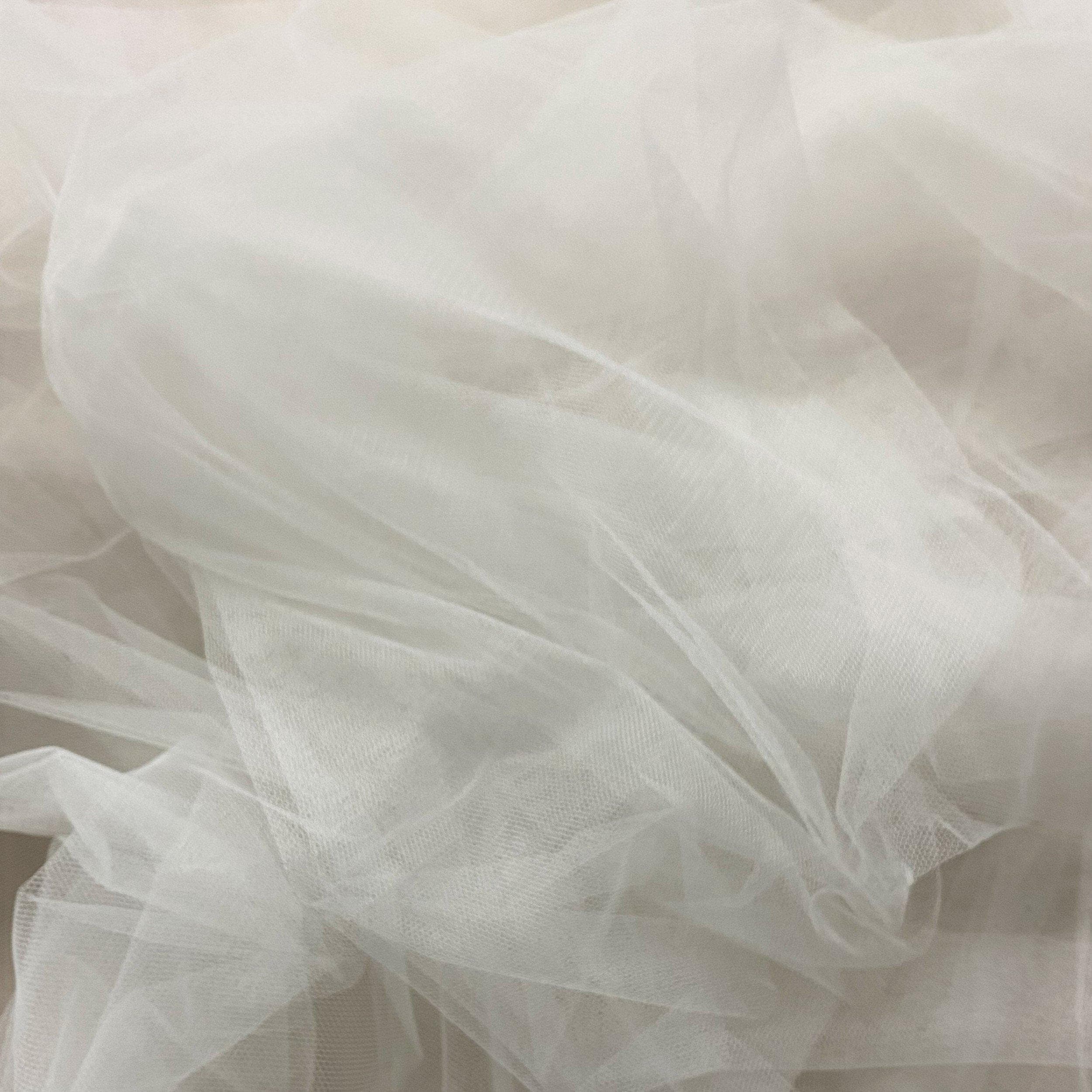 Silk White Soft Tulle — lightweight and soft, 100% polyester, 300cm wide