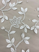 Ivory Leather Floral Embellished Tulle — featuring floral motifs and hand-beading, 100% nylon, 125cm wide