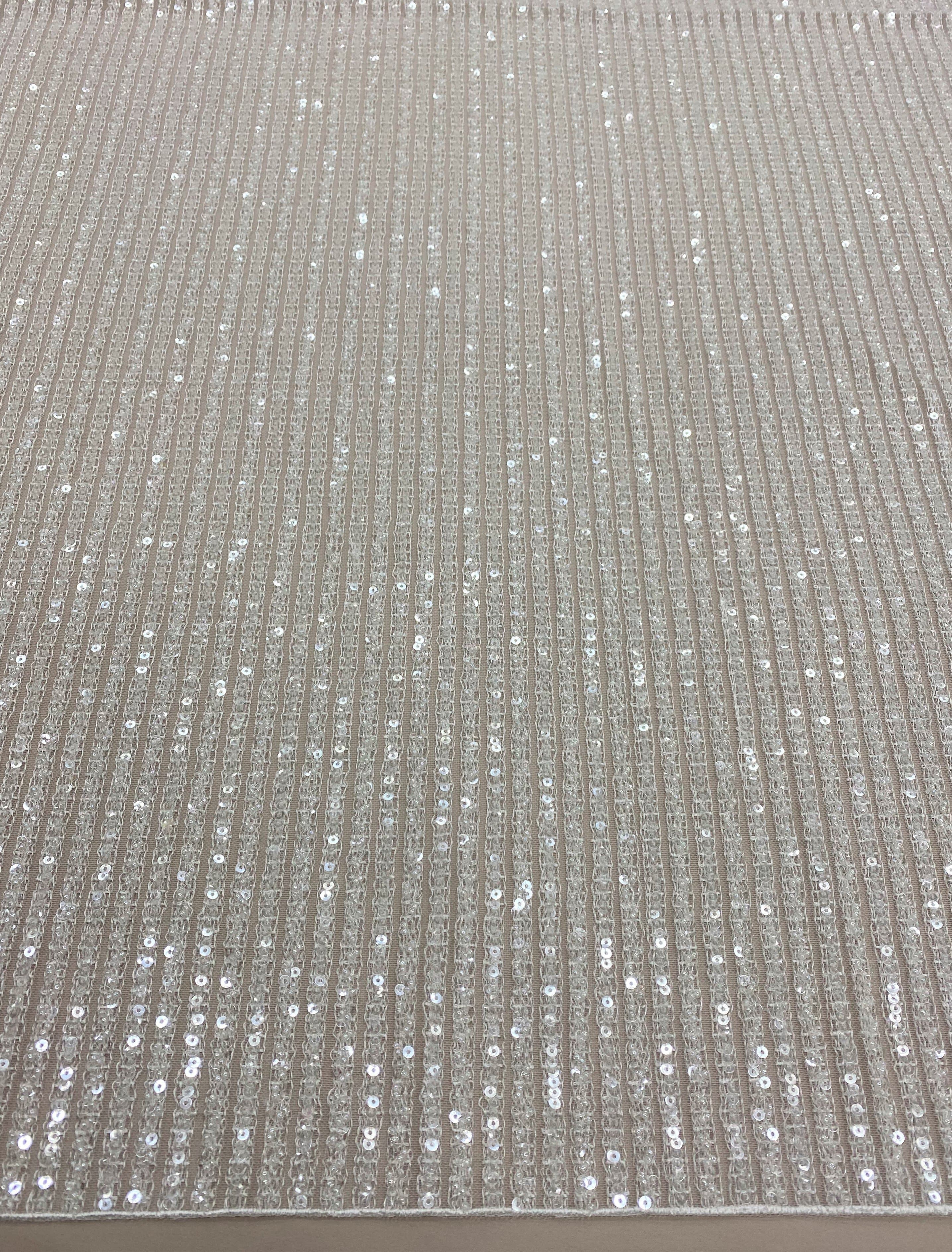 Ivory Linear Embellished Tulle — featuring sequins, 60% rayon 40% nylon, 140cm wide