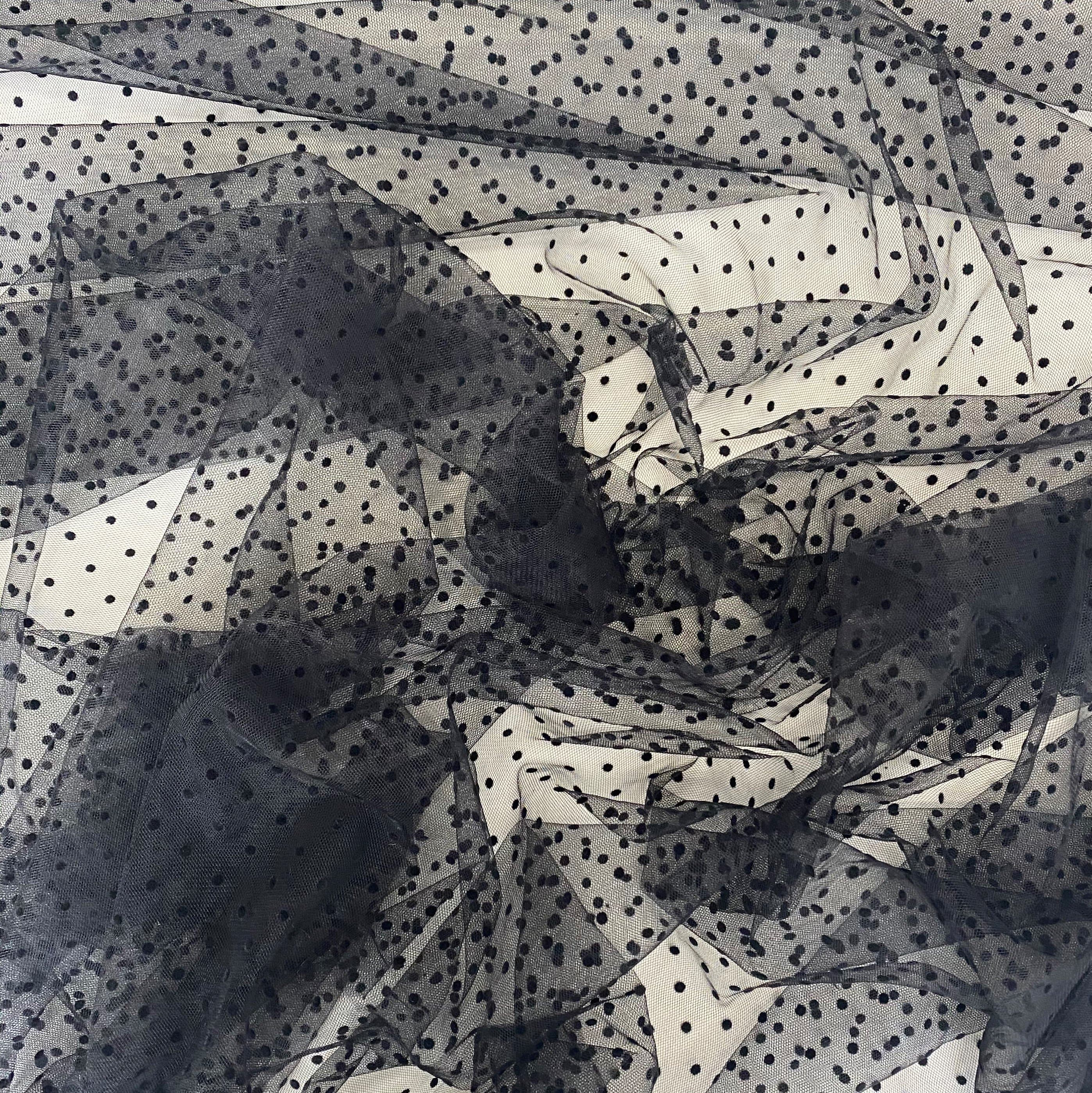 Black Flocked Hail Spot Tulle — soft, 100% polyester, 150cm wide