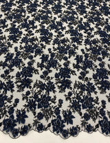 Navy 3D Floral Tulle — featuring floral motifs and sequins, 60% nylon 40% polyester, 130cm wide