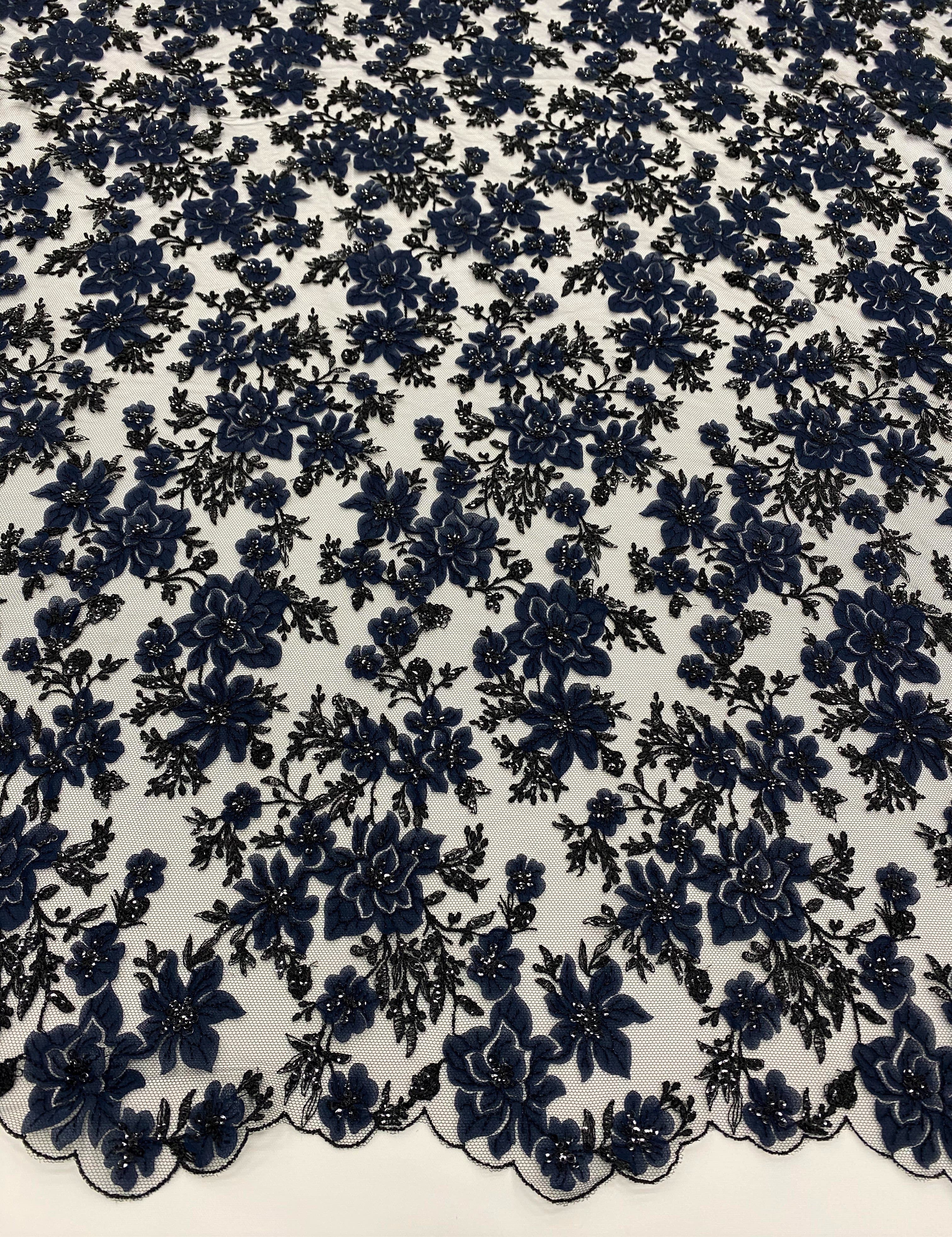 Navy 3D Floral Tulle — featuring floral motifs and sequins, 60% nylon 40% polyester, 130cm wide
