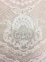 Ivory Scalloped Embroidery — featuring scalloped edges and a corded texture, 50% nylon 50% rayon, 130cm wide