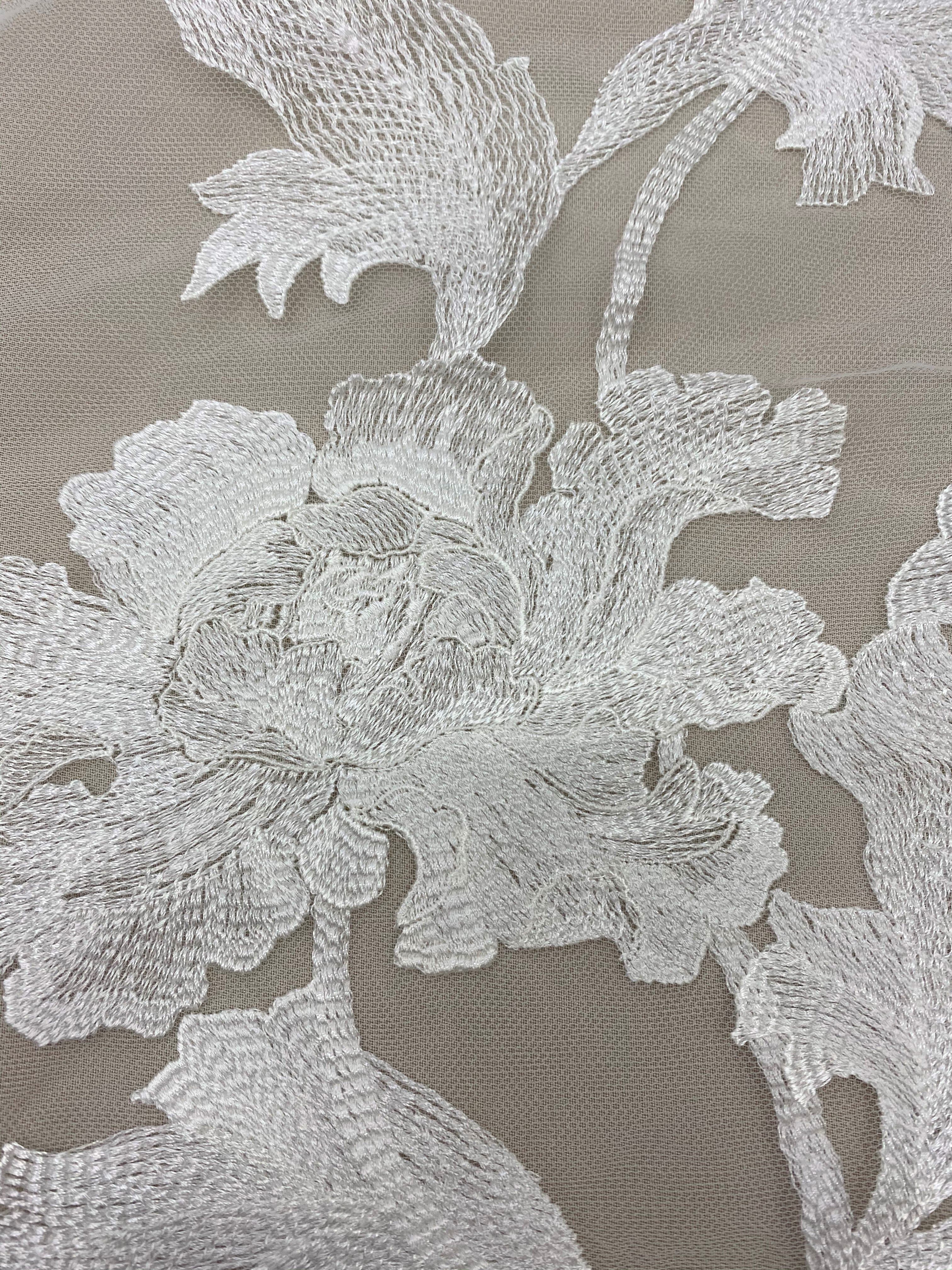 Ivory Floral Embroidered Tulle — featuring floral motifs, 50% nylon 50% rayon, 135cm wide